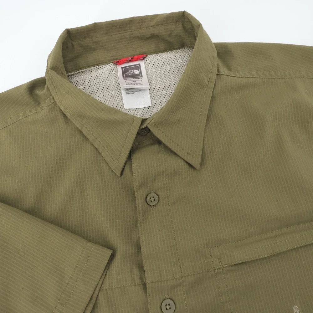 The North Face Olive Green Short Sleeve Button Up‎ Shirt Mens L Hiking FLAWS